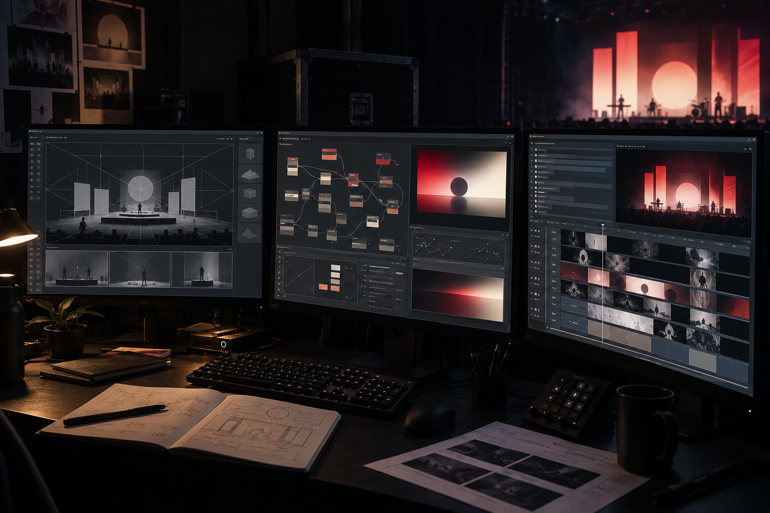 Fictional audiovisual production workstation with stage blockout, node graph and live playback screens.