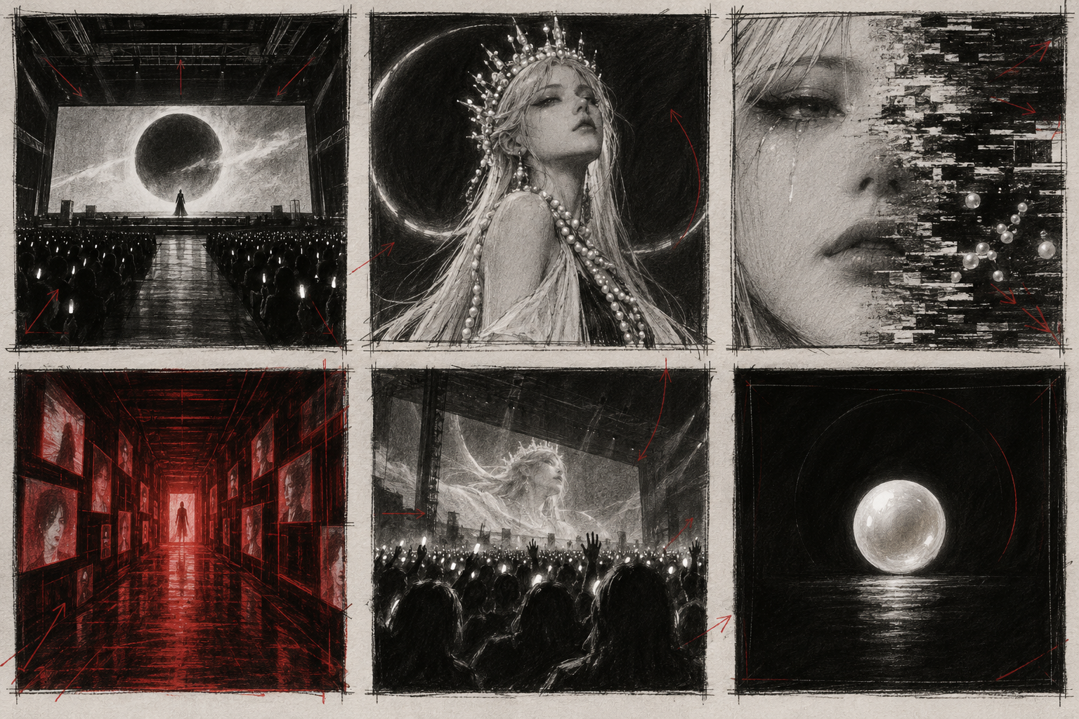 Six charcoal storyboard frames for the Catir3 concert world, with red directional marks.